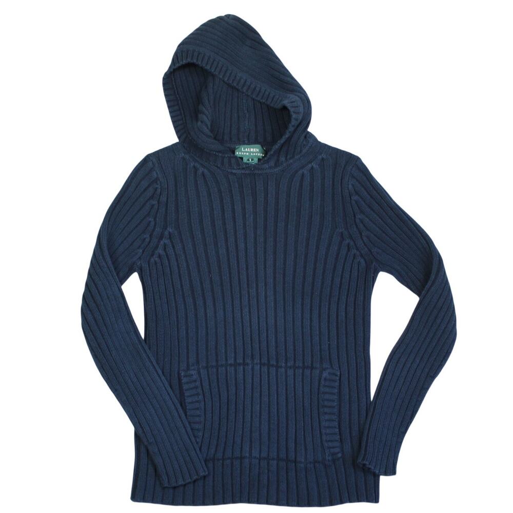 Ralph Lauren Sweater Y2K Hoodie Womens Small Blue Navy Ribbed Cotton Heavyweight